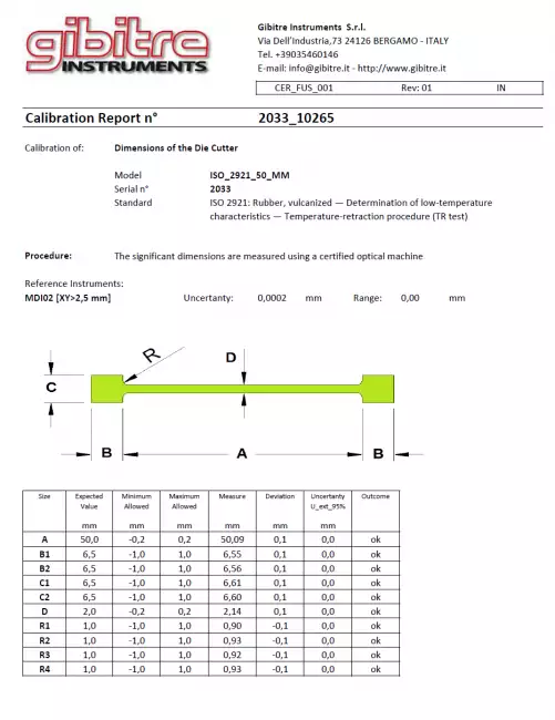die cutters: Die cuts for specimen preparation. Example of a dimensional calibration certificate.