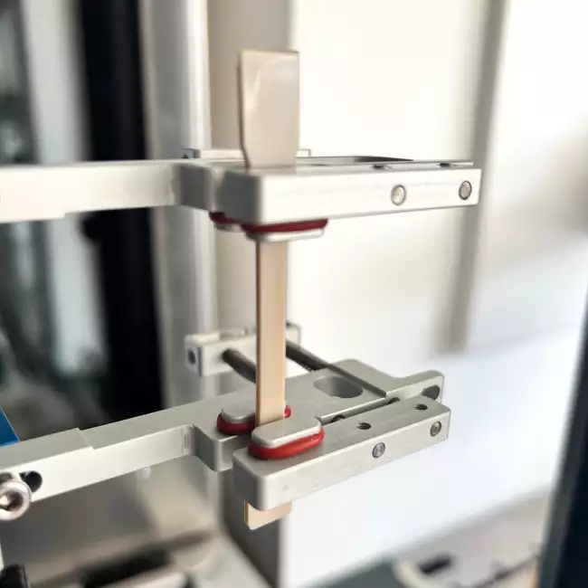 tensor tester extensometer: Electronic dynamometer: differential strain gauge: detail of clamping tweezers with rubberized grips.